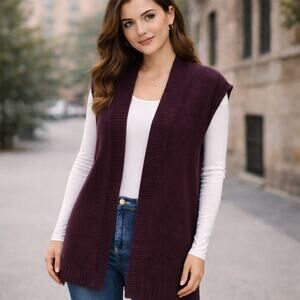 J. Jill Wearever Collection SZ XLT Cotton Blend Open Cardigan Vest Eggplant